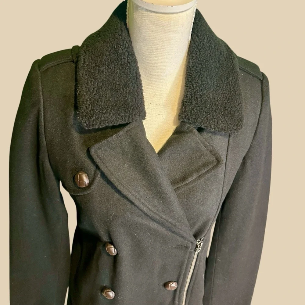 NWT Members Only Fur Collar Black Wool-Blend Double-Breasted Pea Coat Sz Small